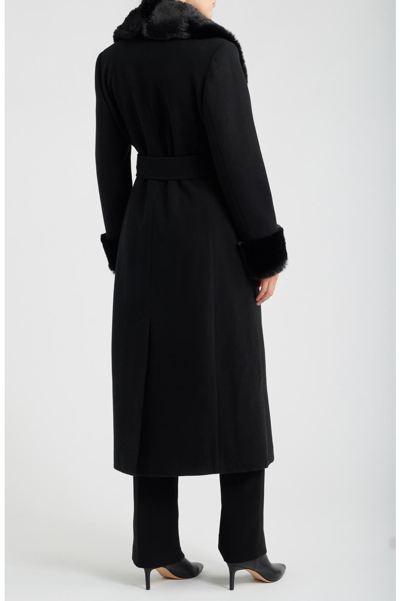 Faux Fur Trim Belted Coat, Alternate, color, BLACK