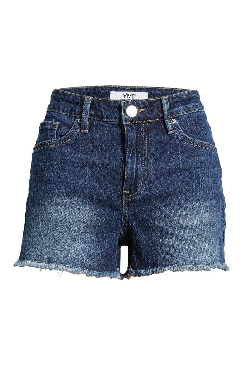 Frayed High Waist Denim Shorts, Alternate, color, DARK BLUE