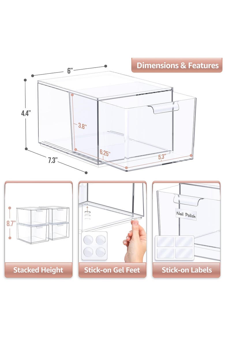 4-Pack Clear Stackable Makeup Drawers, Alternate, color, CLEAR