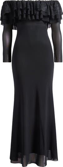 Betty Off the Shoulder Long Sleeve Mesh Maxi Dress