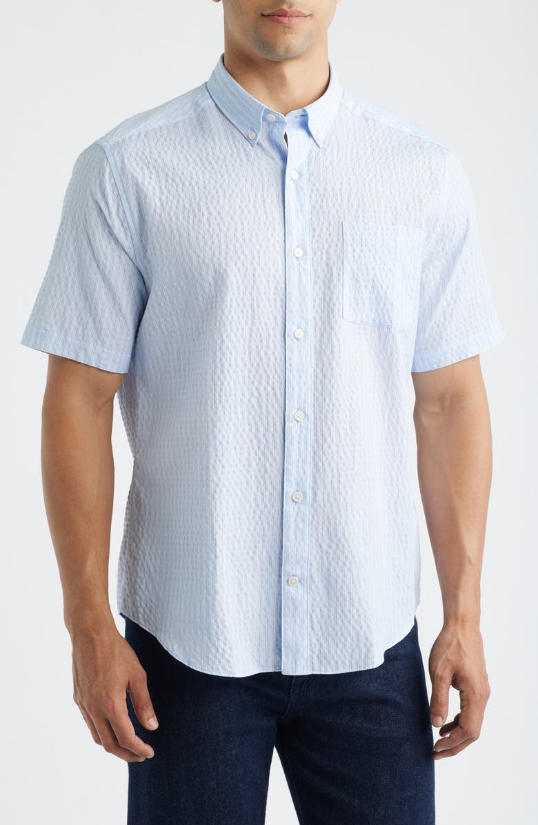 Johnston & Murphy Leland Stripe Short Sleeve Seersucker Button-Down Shirt, Main, color, Light Blue Striped Seersucker