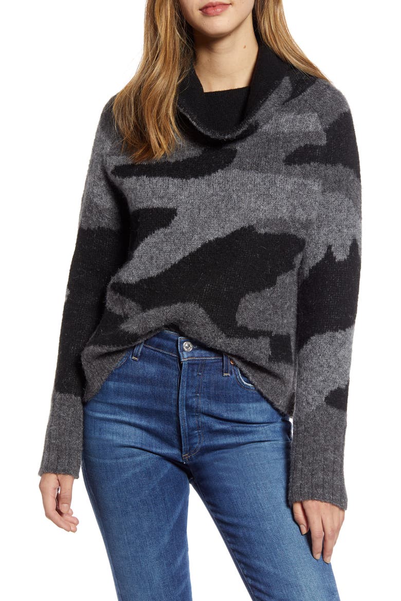 Camo Print Cowl Neck Sweater, Main, color, CAMO GREY