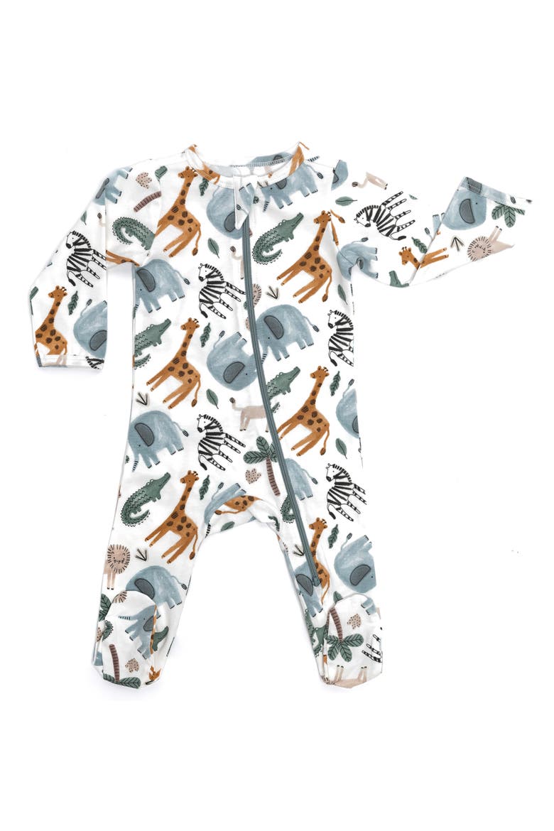 Organic Cotton Zip Footie in Safari Animals, Main, color, GREEN/ BROWN