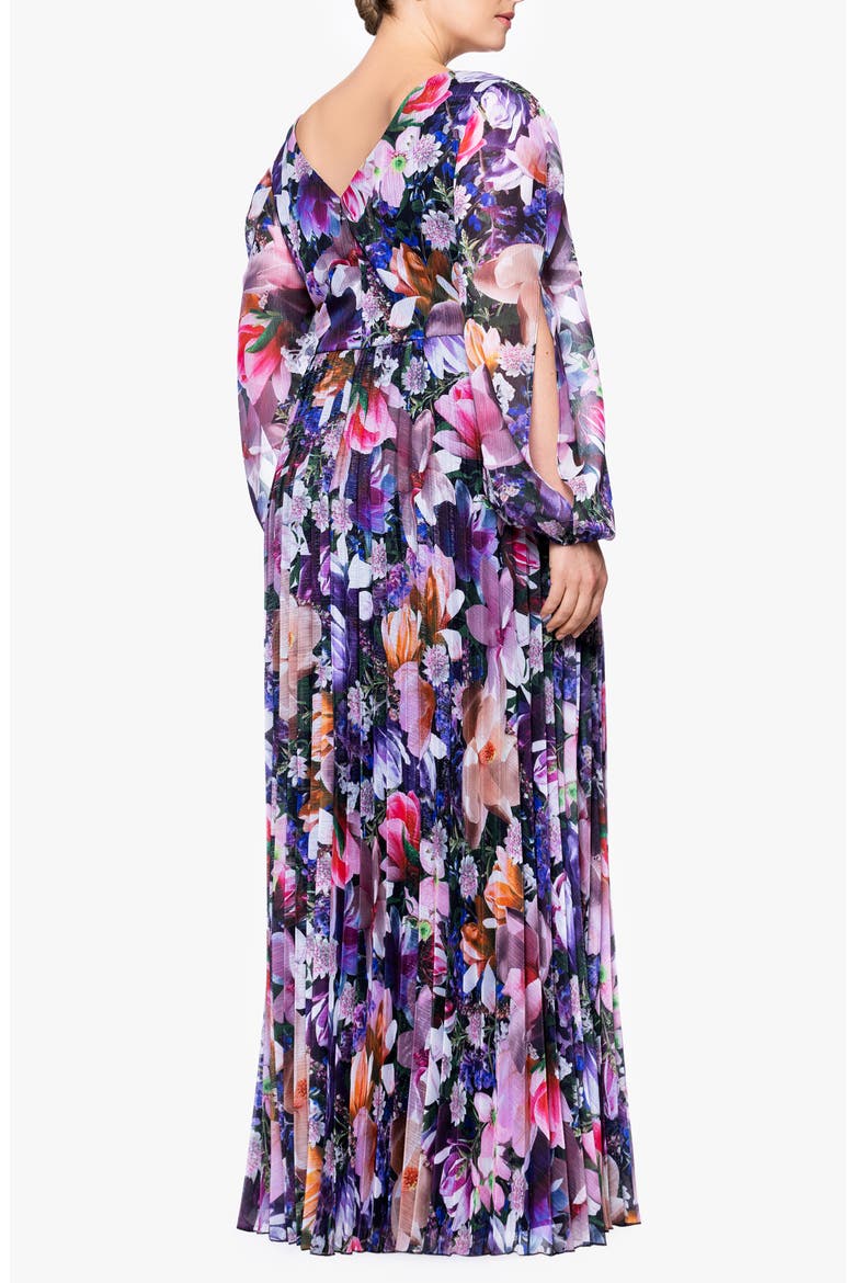 Metallic Floral Pleated Long Sleeve Gown, Alternate, color, PURPLE MULTI