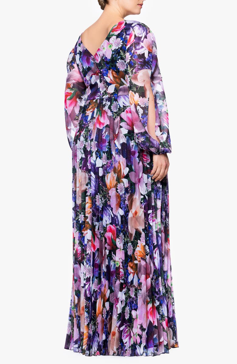 Betsy & Adam Metallic Floral Pleated Long Sleeve Gown, Alternate, color, Purple Multi