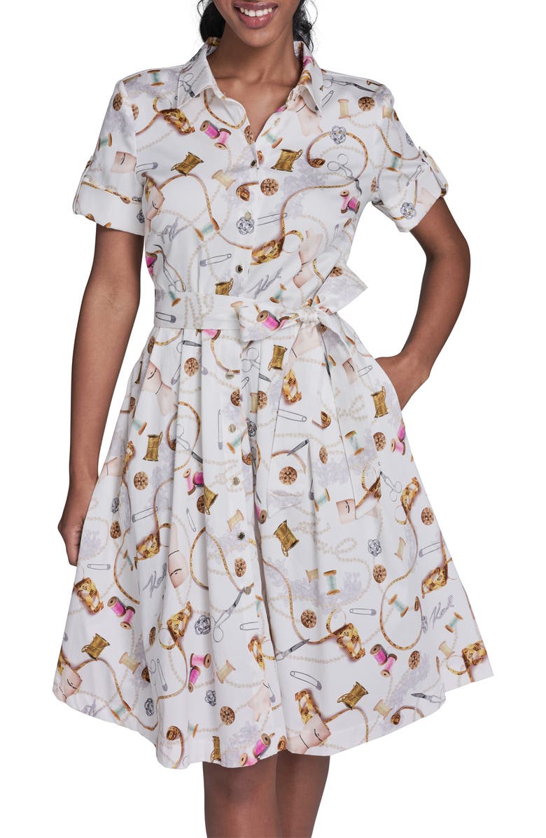 KARL LAGERFELD PARIS Print Tie Waist Shirtdress, Alternate, color, Soft White Multi