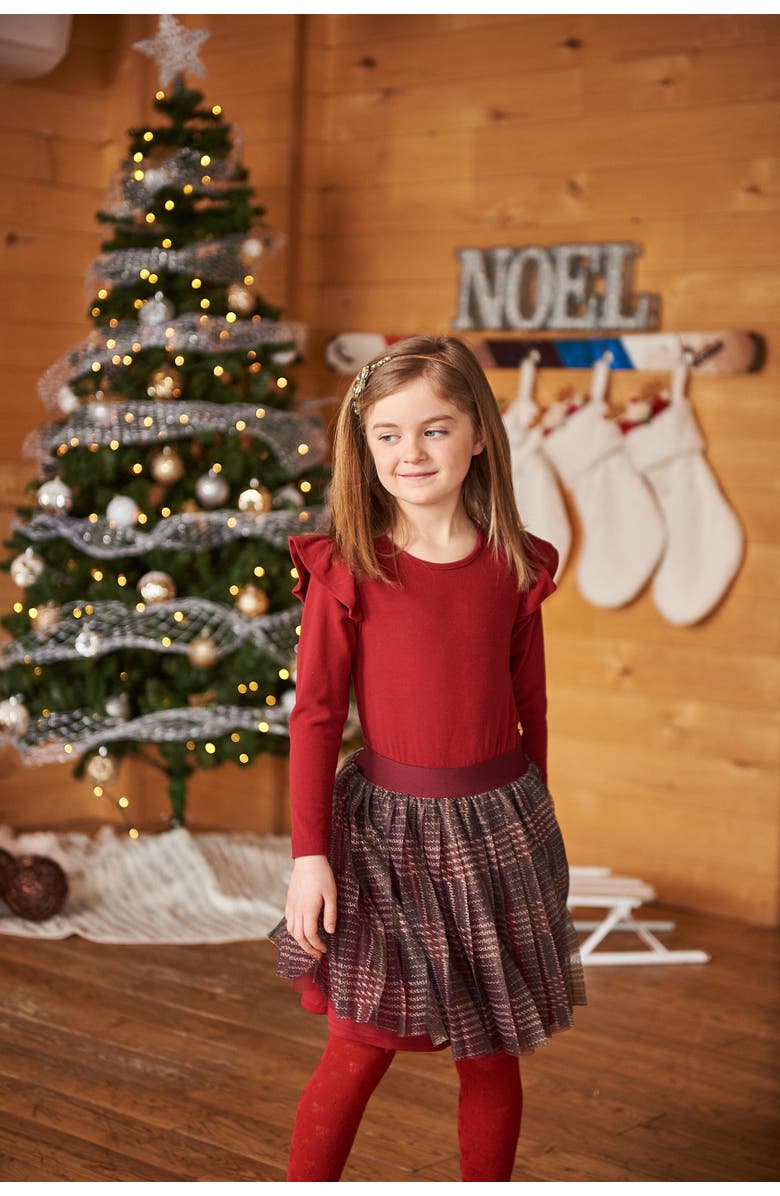 Deux par Deux Girl's Long Sleeve Dress With Glittering Tulle Skirt Red Plaid, Alternate, color, 