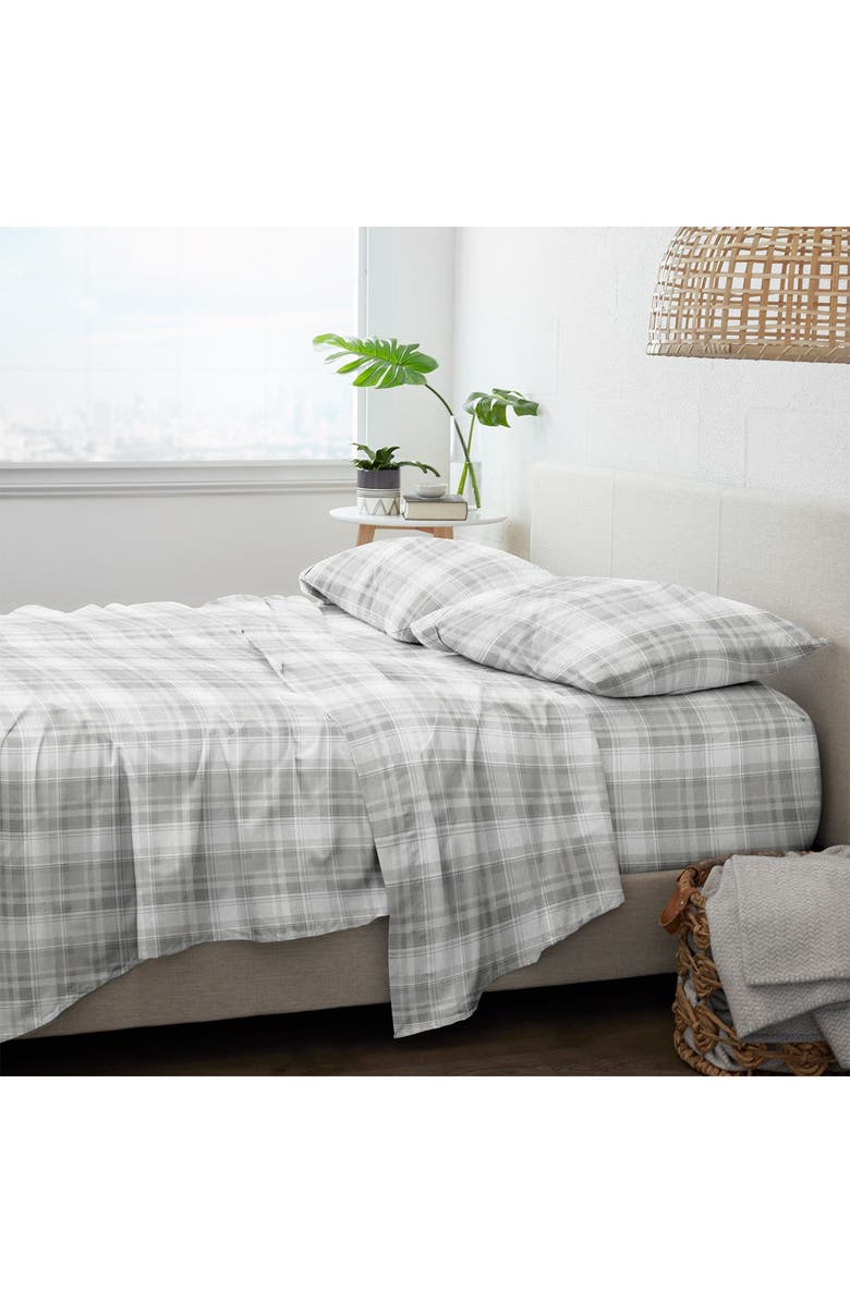 HOMESPUN HOME SPUN Premium Ultra Soft Plaid 4-Piece Flannel Bed Sheet Set, Alternate, color, Light Gray
