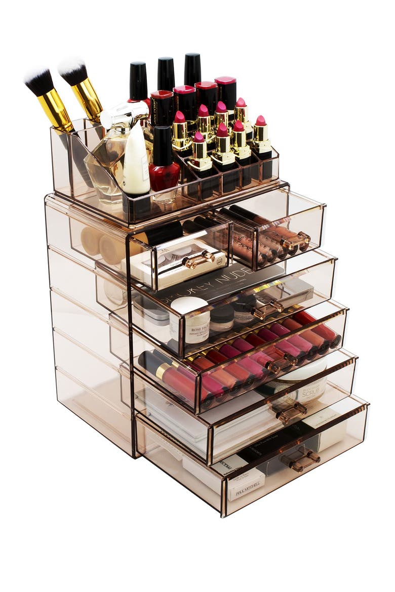 Acrylic 6 Drawer & Top Organizer Cosmetics Makeup & Jewelry Storage Case Display Set, Alternate, color, BROWN