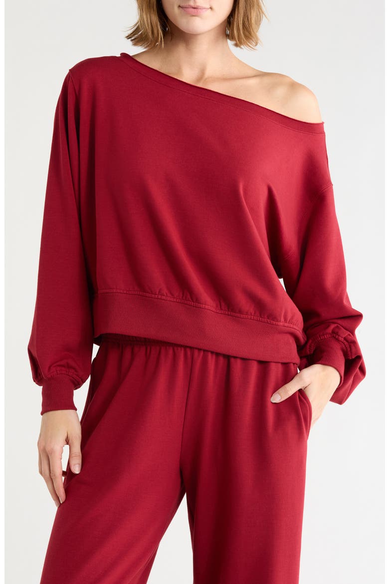 Loved Fleece Off the Shoulder Sweatshirt, Main, color, RED CINDER