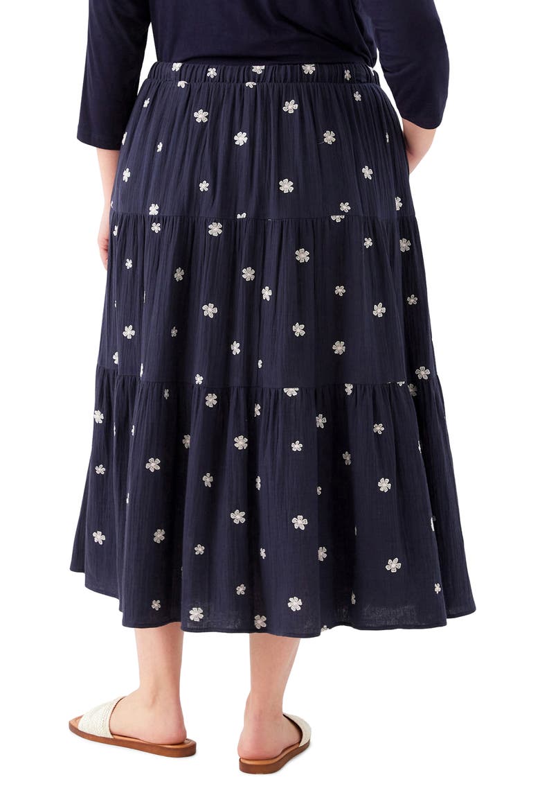 Floral Embroidered Tiered Cotton Midi Skirt, Alternate, color, NAVY