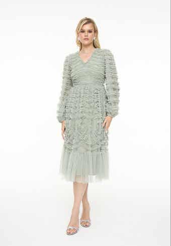 mesh tulle midi dress Green Lace Mesh Midi Dress Square Neck Sleeveless A Line Tulle Dress