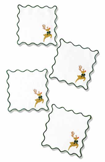 Tiramisu Set of 4 Embroidered Prancing Reindeer Linen Cocktail Napkins