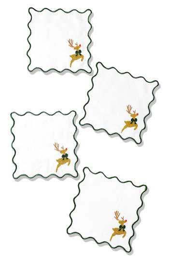 Tiramisu Set Of 4 Embroidered Prancing Reindeer Linen Cocktail Napkins In Multi