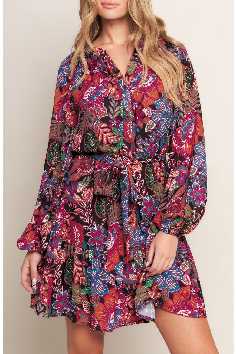 Print Long Sleeve Mini Shirtdress, Alternate, color, PINK MULTI/ BLACK