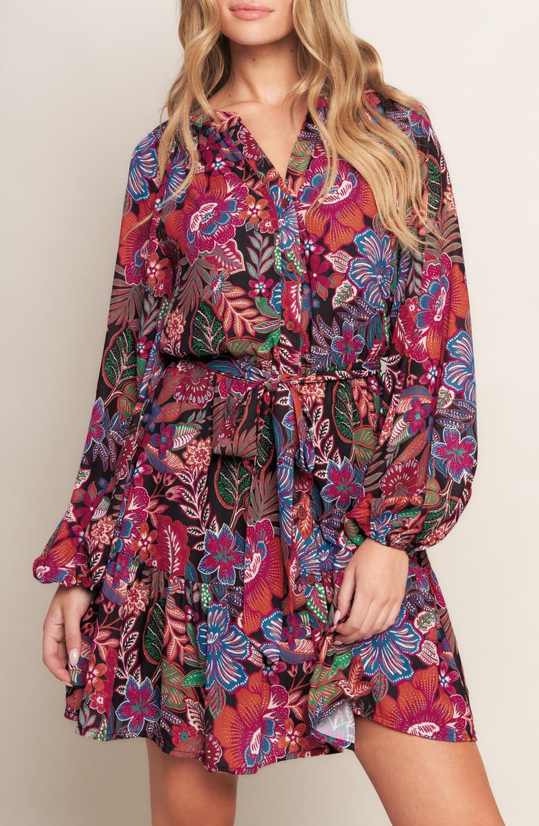 FLYING TOMATO Print Long Sleeve Mini Shirtdress, Alternate, color, Pink Multi/ Black