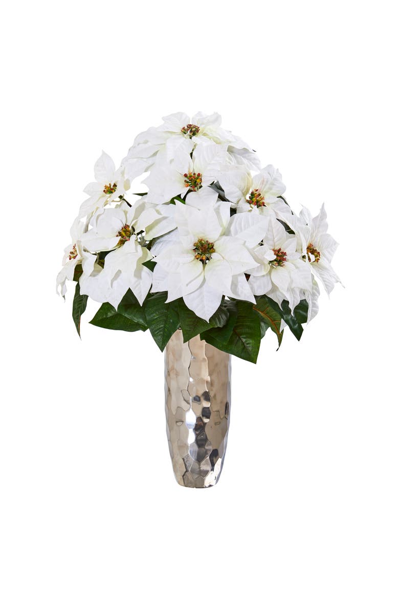 Poinsettia Artificial Arrangement in Silver Cylinder Vase, Main, color, White