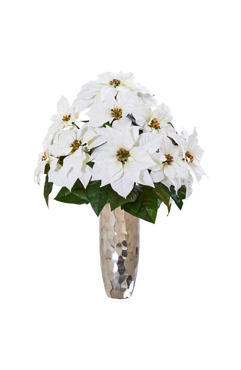 NEARLY NATURAL Poinsettia Artificial Arrangement in Silver Cylinder Vase, Main, color, White