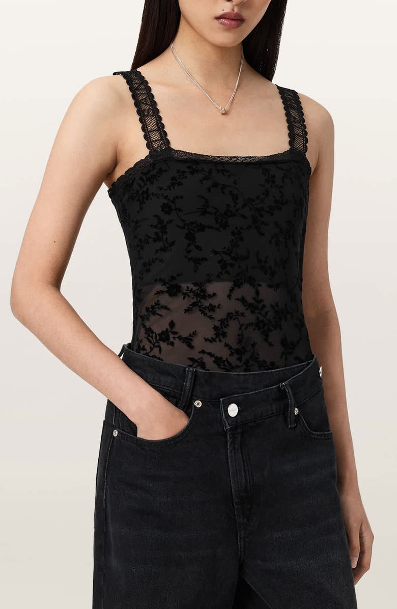 AllSaints Charli Semisheer Flocked Bodysuit, Main, color, Black