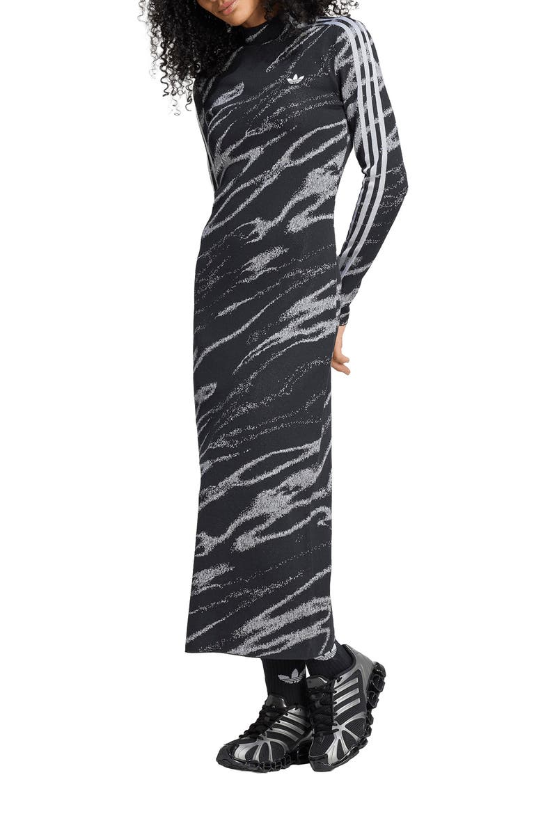 3-Stripes Mock Neck Maxi Dress, Main, color, BLACK