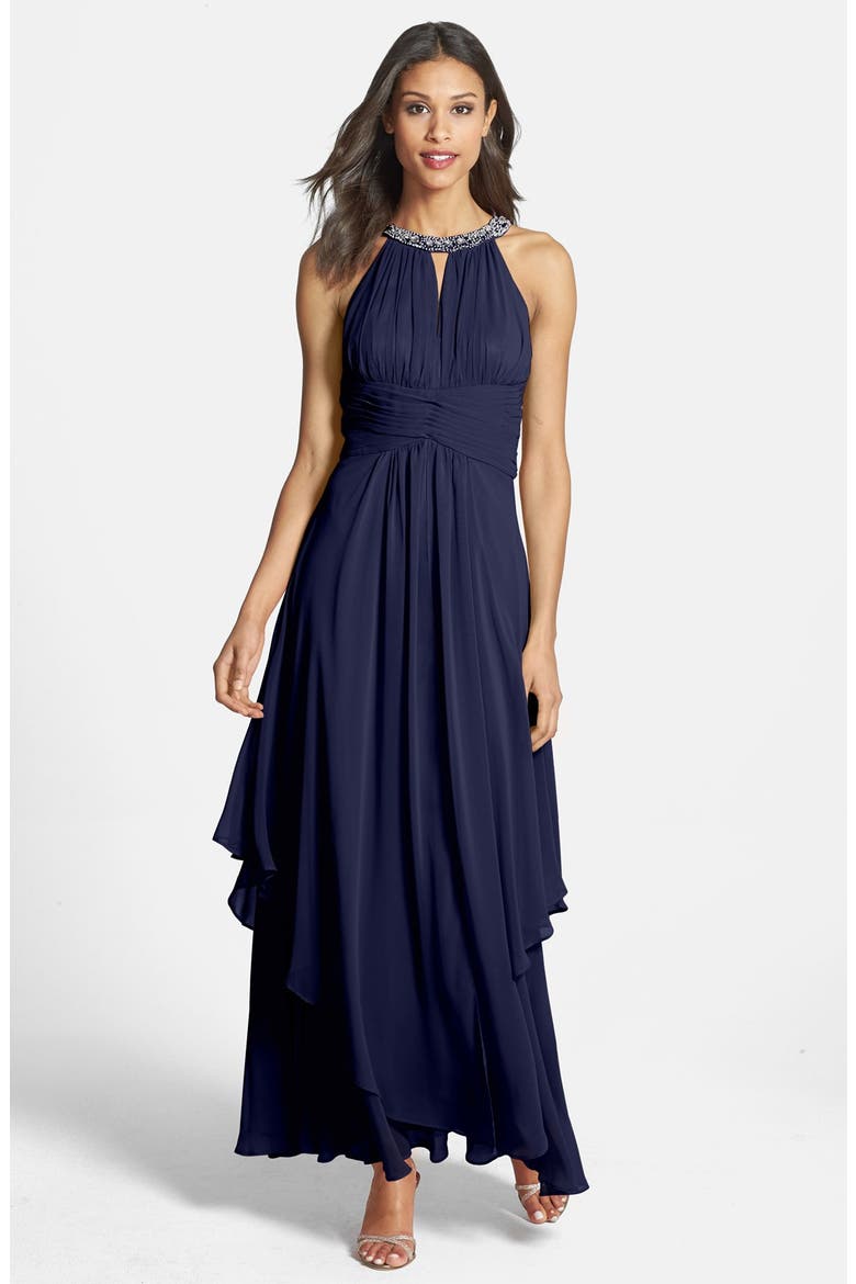 Embellished Tiered Chiffon Halter Gown, Main, color, MIDNIGHT NAVY