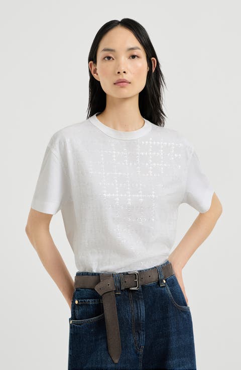 Cotton jersey T-shirt with dazzling windowpane embroidery