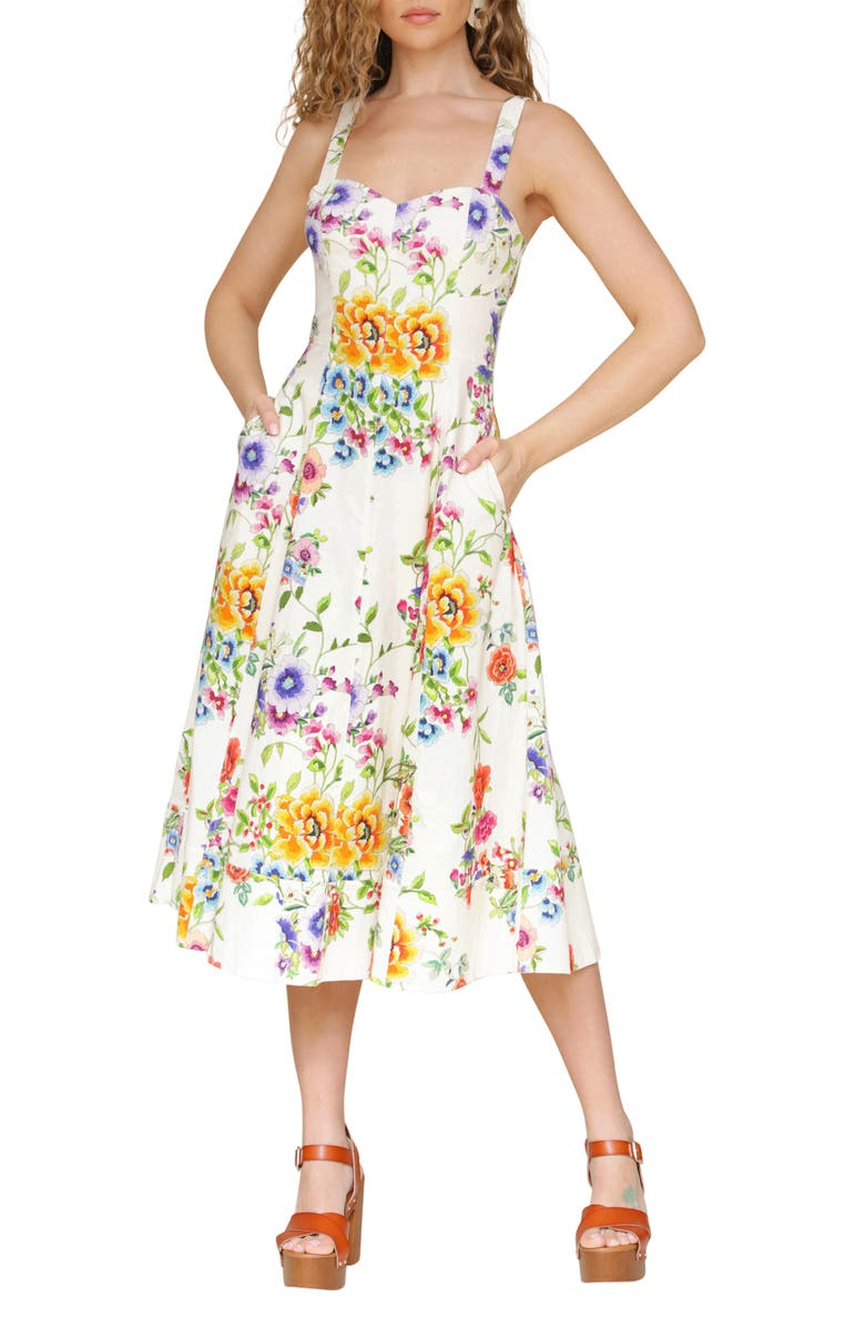 Avec Les Filles Floral Fit & Flare Dress, Main, color, White Zinnia Floral