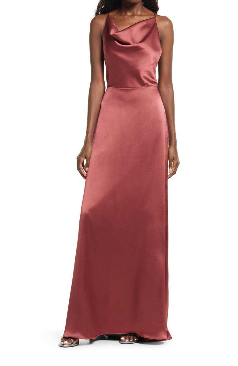 Amsale Cowl Neck Fluid Satin Gown, Main, color, 