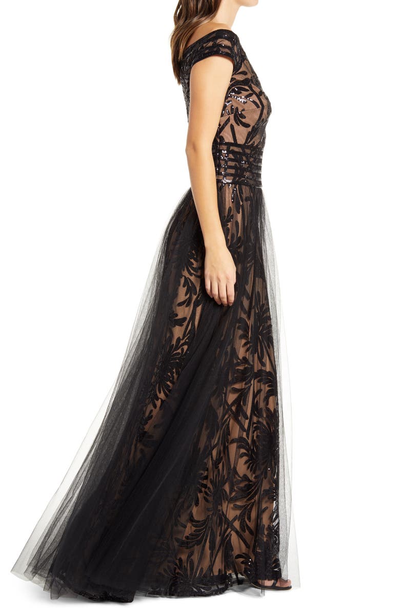 Tadashi Shoji Sequin Illusion Lace Off the Shoulder Cap Sleeve Gown, Alternate, color,