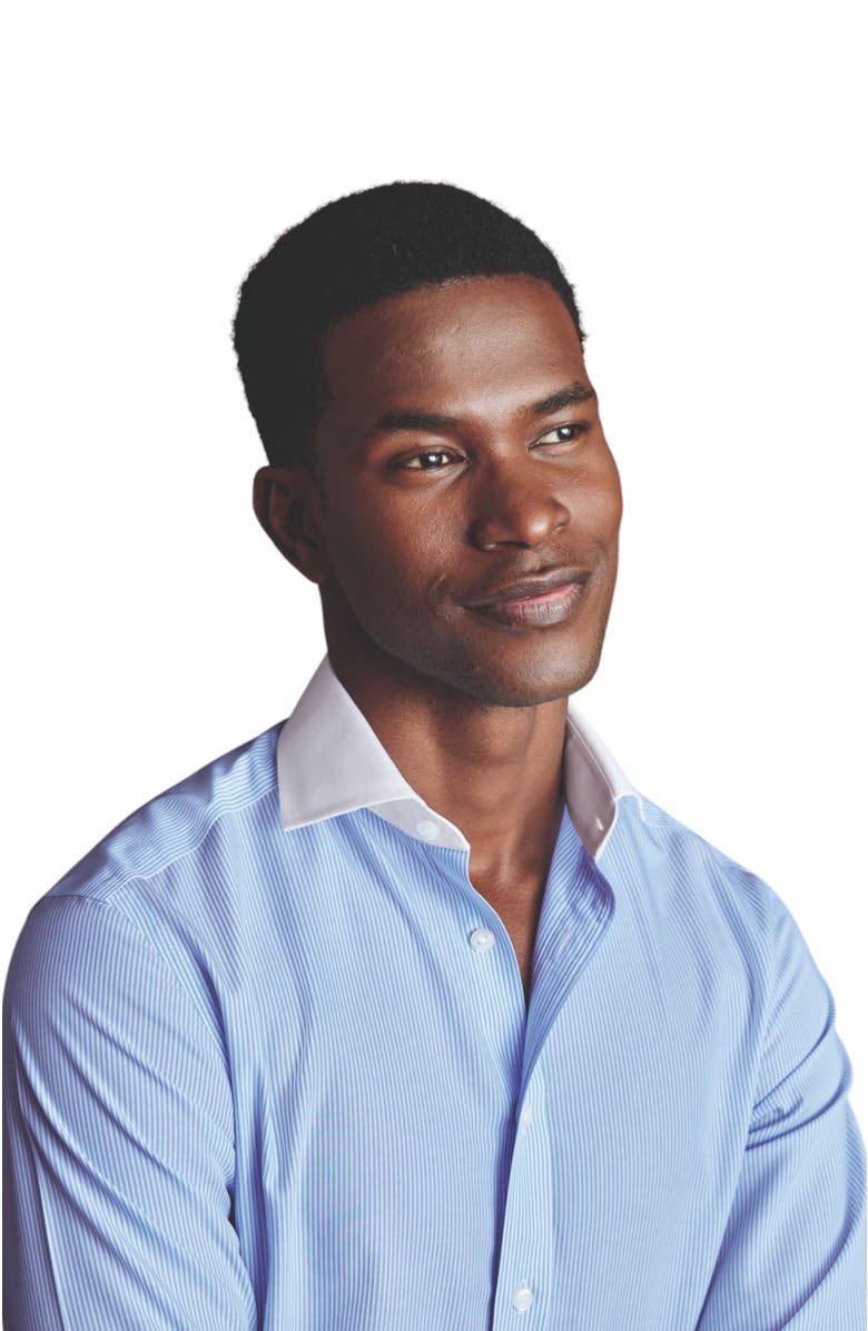 Charles Tyrwhitt Cutaway Collar Non-Iron Bengal Stripe Winchester Shirt, Alternate, color, Sky Blue