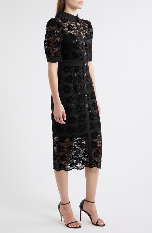 Tahari Asl Metallic Lace Midi Shirtdress In Black