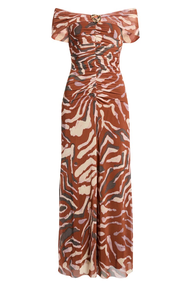 Off the Shoulder Mesh Dress, Alternate, color, BROWN MULT