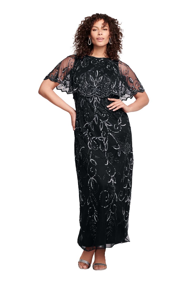 Roaman's Plus Size Beaded Capelet Maxi Gown Glam Evening Dress, Main, color, Black