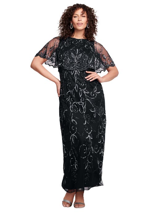 Plus Size Beaded Capelet Maxi Gown Glam Evening Dress (Plus)