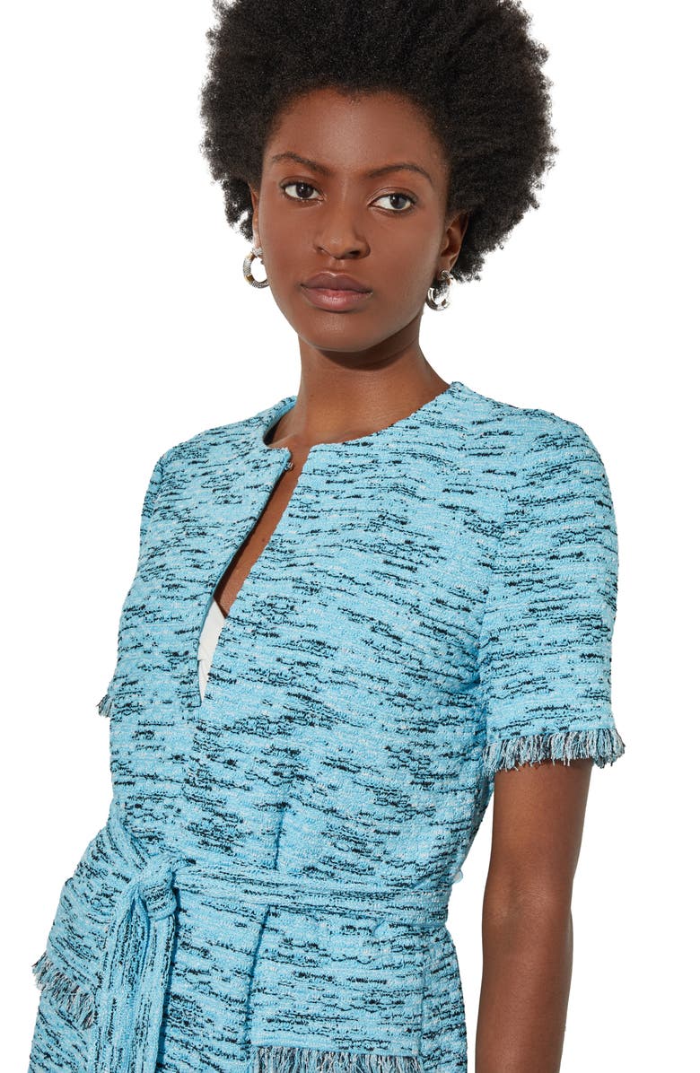 Ming Wang Fringe Trim Belted Short Sleeve Tweed Jacket, Alternate, color,