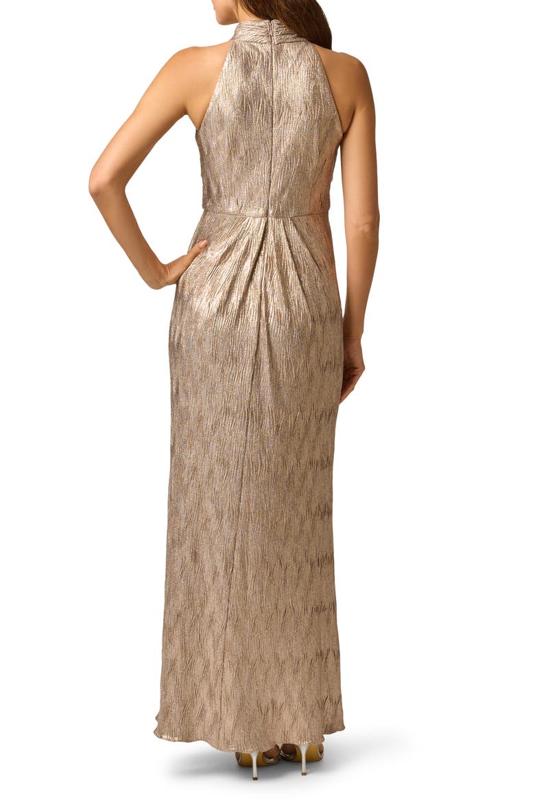 Crinkle Metallic Draped Stretch Halter Gown, Alternate, color, GOLD