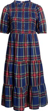 SUGARLIPS Lakeview Plaid Smocked Tiered Maxi Dress
