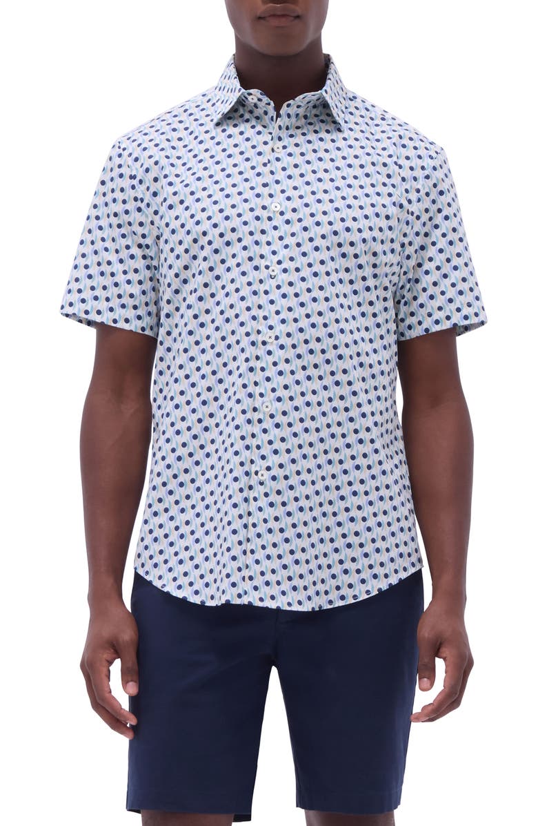 Bugatchi Orson Dot Print Short Sleeve Stretch Cotton Button-Up Shirt, Main, color, Mint