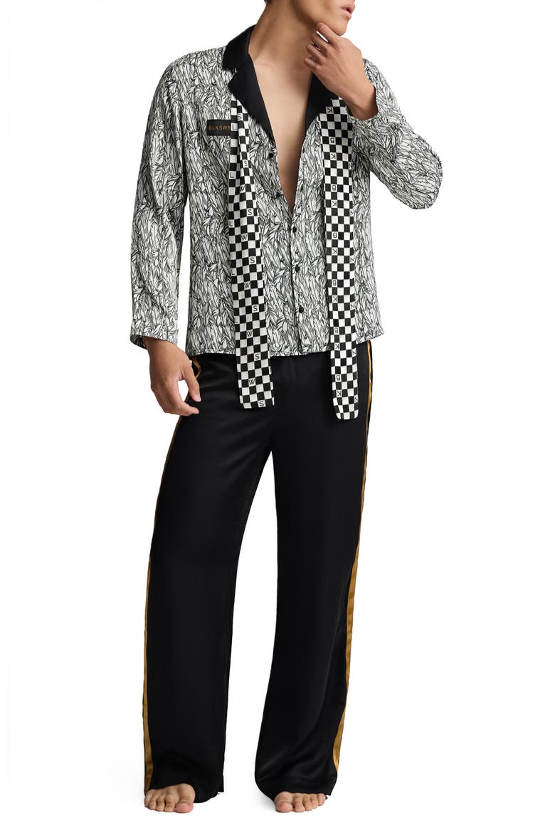 Feathers Black and White  Unisex Long Pajama Set, Alternate, color, Black & White
