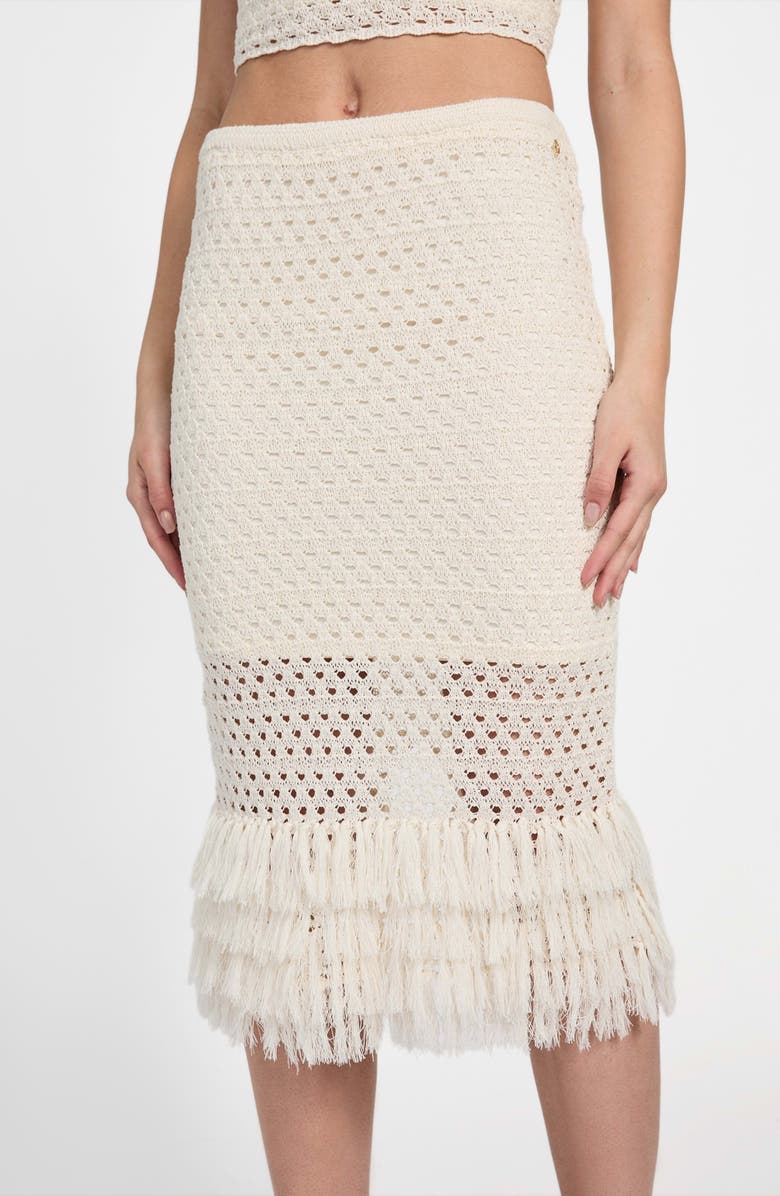 GUESS Luca Fringe Hem Open Stitch Midi Skirt, Alternate, color, Dove White