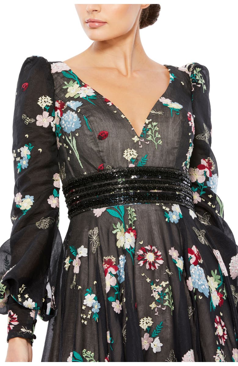 Mac Duggal Floral Embroidered Gown with V-Neck, Bishop Sleeves & Beaded Cummerbund, Alternate, color,