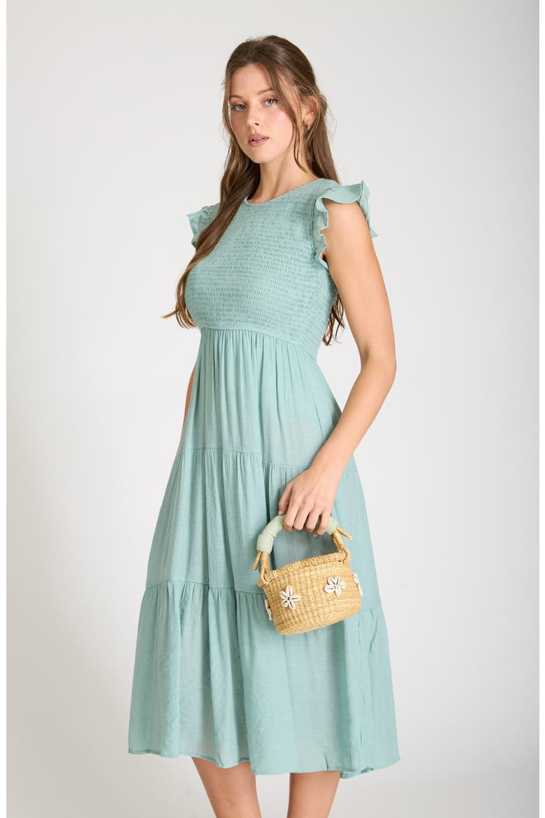 Smocked Cap Sleeve Tiered Midi Dress, Alternate, color, SAGE