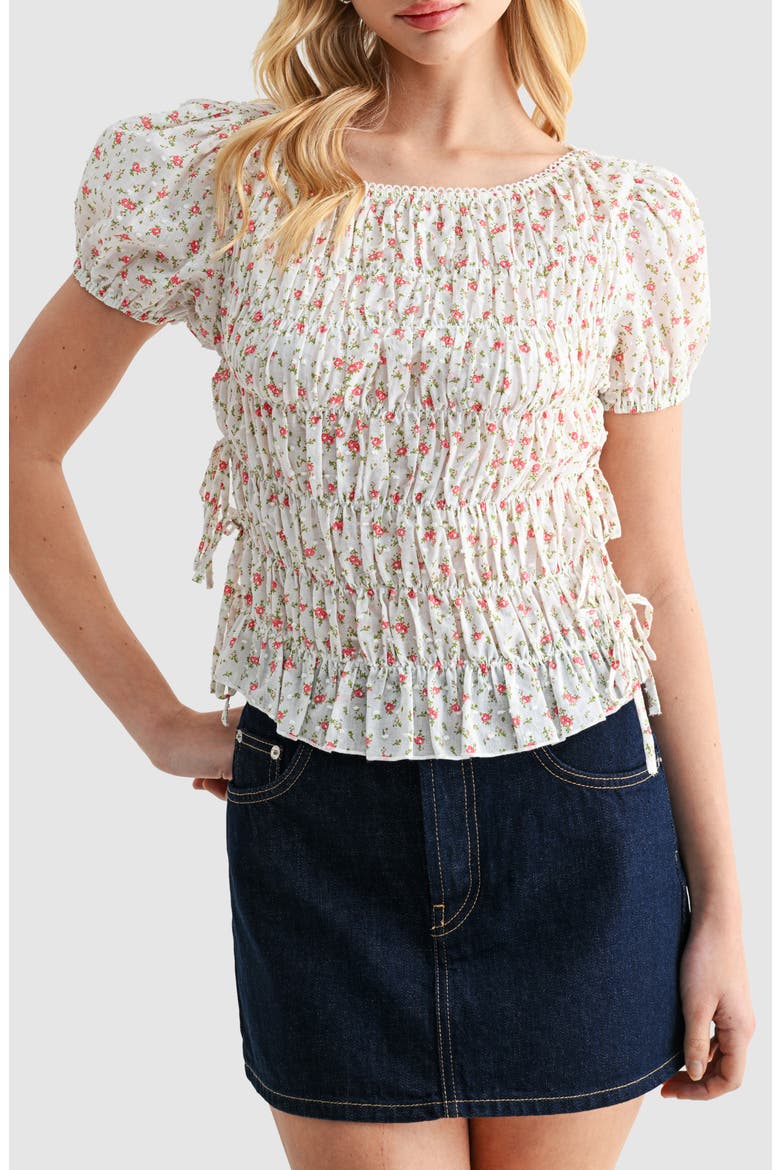 Smocked Puff Sleeve Top, Main, color, OFF WHITE RED