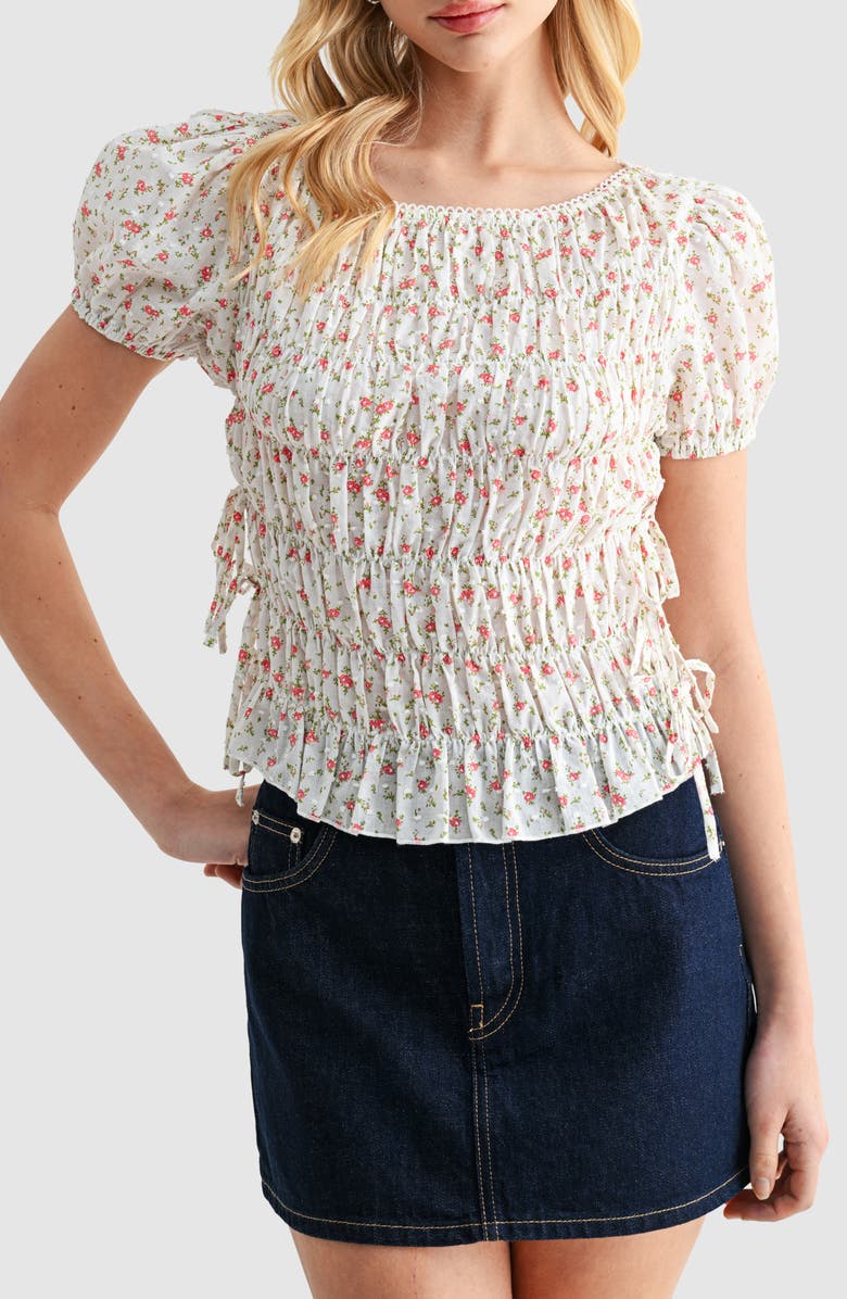 All in Favor Smocked Puff Sleeve Top, Main, color, Off White Red