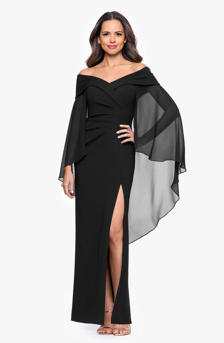 Xscape Evenings Off the Shoulder Capelet Cocktail Dress, Alternate, color, Black