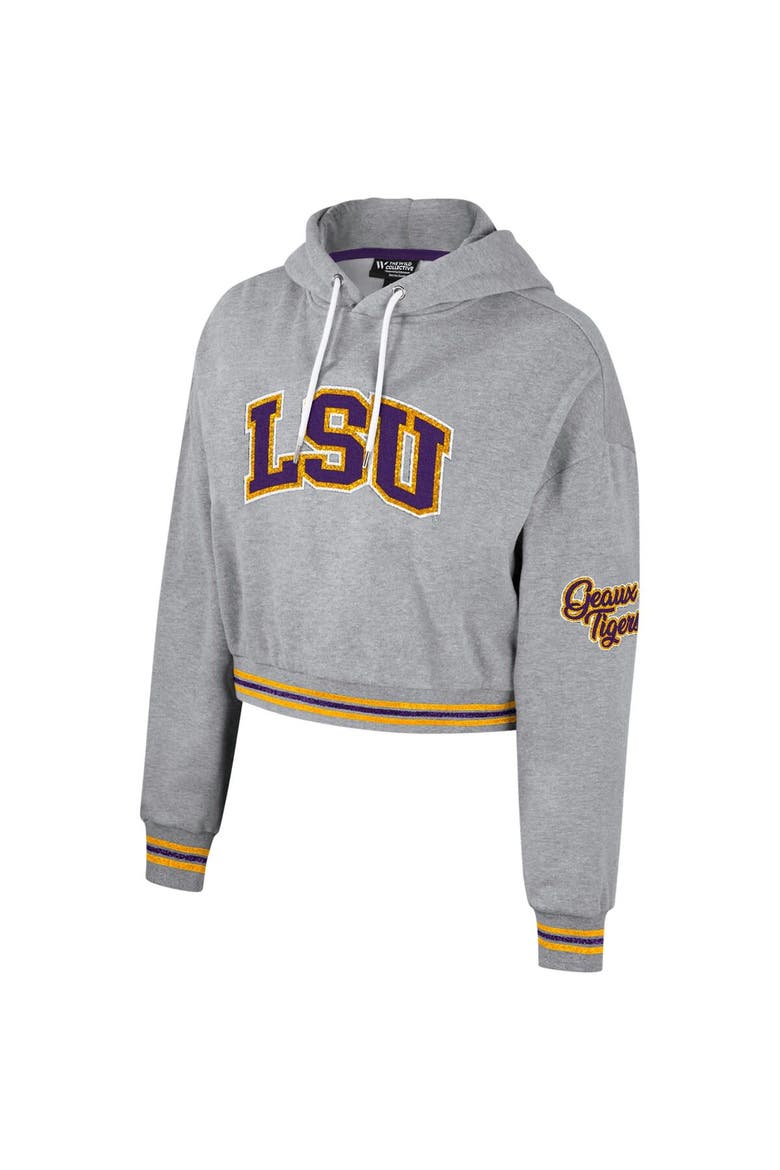 Women's The Wild Collective Heather Gray LSU Tigers Cropped Shimmer Pullover Hoodie, Alternate, color, Heather Gray