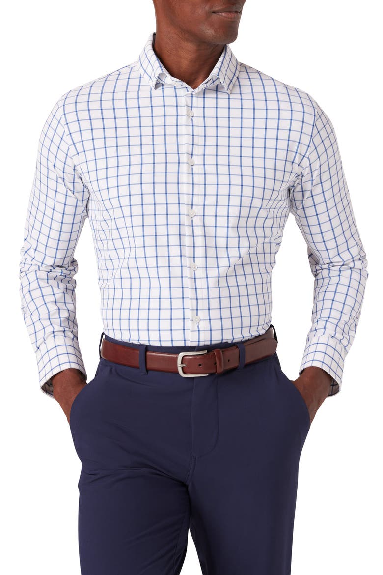 Leeward Trim Fit Windowpane Performance Button-Up Shirt, Main, color, WHITE NAVY WINDOWPANE