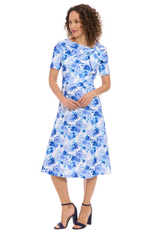 London Times Floral Tie Neck Short Sleeve Fit & Flare Midi Dress In Ivory/blue/roy