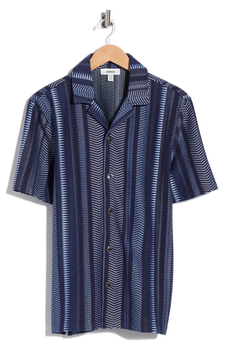 Cabana Jacquard Camp Shirt, Main, color, BLUE COMBO GEO PATTERN