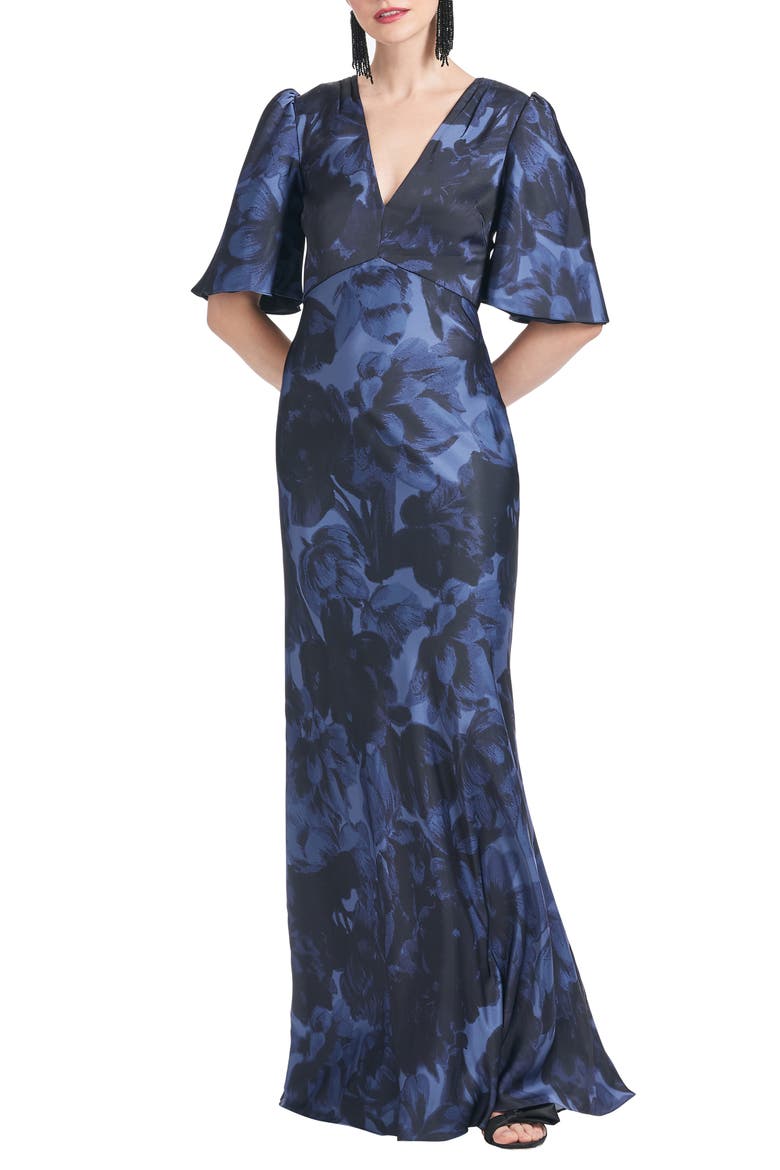 Mae Floral Print Satin Crepe Trumpet Gown, Main, color, DEEP OCEAN BOUQUET